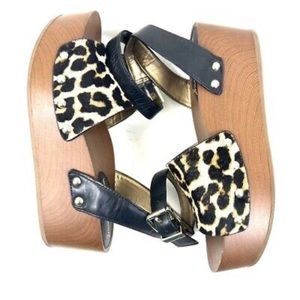 Sam Edelman Brynn Wooden Black Fur Leopard Print Platform Wedge Sandals